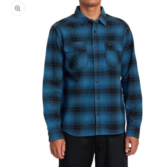 RVCA Vesuvio Men's Cotton Flannel Blue Black Plaid Size L - Picture 1 of 15